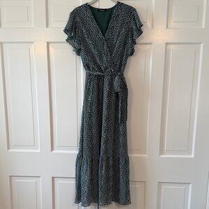 FASHION Green White Ditsy Print Wrap Maxi Dress Tiered Flutter Sleeve Large